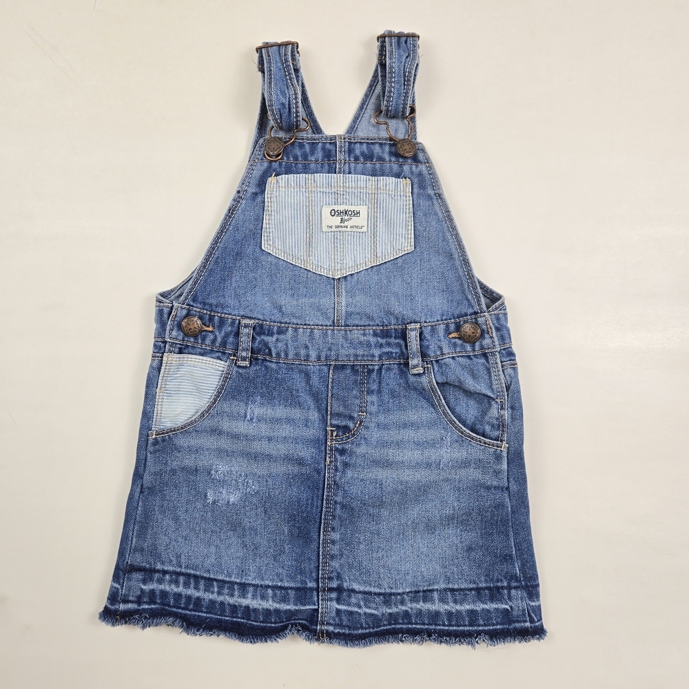 OshKosh B'gosh Girls' Blue Denim Overall Skirt Dress 4T Distressed Raw Hem